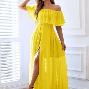 Yellow Preppy Womens Off Shoulder Ruffle Trim Split Thigh Chiffon Formal Dress